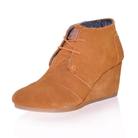 Toms Wedge Ankle Boots Wedge Lace-Up Suede Round-Toe Slip-On Desert‎ Tan Size W6 - Picture 1 of 6